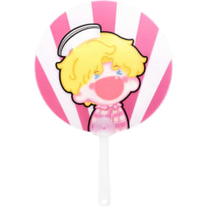 A custom shape transparent PVC hand fan featuring a cartoon character with blonde hair on a pink background.
