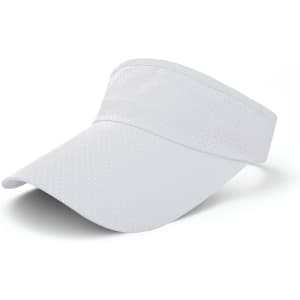 A white breathable sun visor featuring a wide brim and perforated fabric for ventilation. It has a logo on its side.