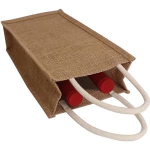 A jute double wine carrier in natural brown with two red bottle tops visible and a white rope handle.
