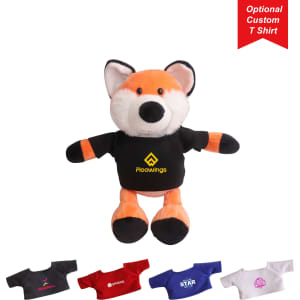 A fluffy orange and white fox plush toy wearing a black T-shirt with a logo, alongside various shirt options.