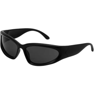 Wraparound sunglasses in black, featuring a sleek design and dark lenses. The frame has a logo on the arm.