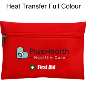 A red pouch with a zipper featuring a logo and text related to first aid.