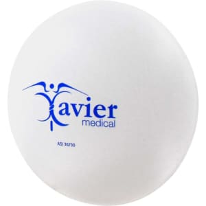 A round, white stress reliever with a logo featuring blue text and a simple graphic design.
