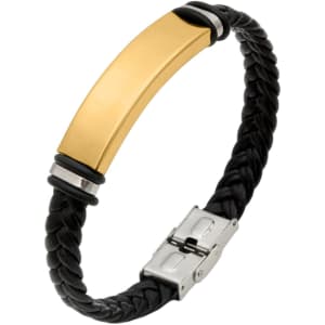 A braided black leather bracelet featuring a gold metallic centrepiece and a silver clasp.