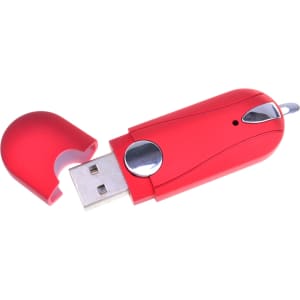 A red flash drive with a detachable cap, featuring a sleek design and a silver accent.