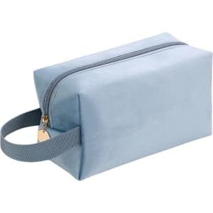 A light blue flannel cosmetic bag with a zip closure and a fabric handle. It has a simple, rectangular design.