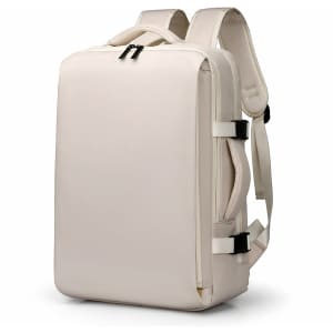 A beige travel backpack with adjustable straps and multiple compartments, featuring a logo.