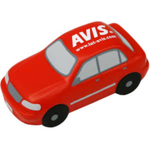 A red sedan car-shaped stress reliever featuring a logo on top. It has detailing for windows and wheels.