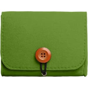 A green felt essential oil bag with a wooden button closure. It features a simple design and a logo.