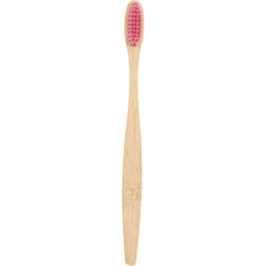 A large bamboo toothbrush with a pink bristle head and a smooth, natural bamboo handle.