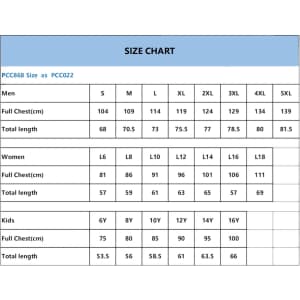 A size chart detailing measurements for men’s, women’s, and kids’ apparel in various sizes.