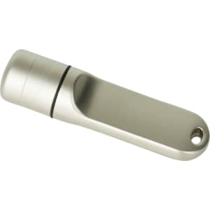 A silver flash drive with a sleek design and a loop for attachment. It features a subtle branding logo.