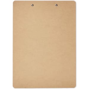 A wooden clipboard in a natural light brown colour with two metal clips at the top.