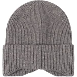 A grey earflap beanie with a ribbed design and a turned-up cuff, featuring a logo.