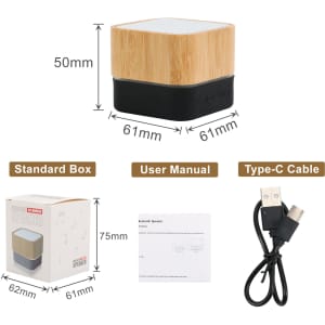 A bamboo Bluetooth wireless speaker in a square shape, with a black base and USB Type-C cable included.