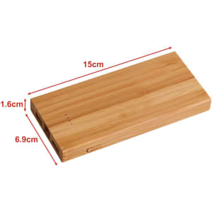A bamboo wireless power bank in natural wood colour, measuring 15cm x 6.9cm x 1.6cm, with a logo.