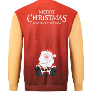 A unisex polyester and spandex sweatshirt featuring a festive red and yellow design with a Santa Claus graphic.
