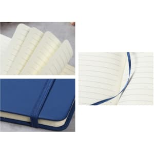 A blue PU A6 notebook featuring lined pages, a ribbon marker, and an elastic band closure.