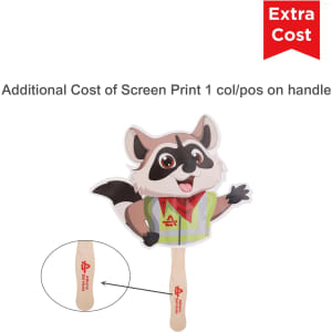 A custom-shaped paper hand fan featuring a raccoon character in a green vest, with a wooden handle and branding.