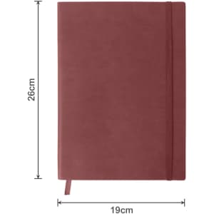 A maroon B5 PU cover notebook with dimensions of 19cm by 26cm and an elastic closure.