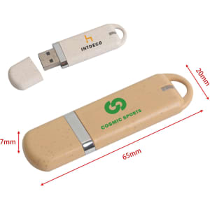 A beige Eco Constellation Flash Drive with a removable white cap and a silver band, featuring a logo.