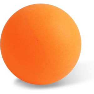 An orange table tennis ball with a smooth surface and a slight shadow on a white background.