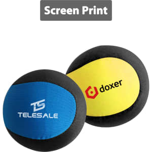 A pair of water bouncing balls in blue and yellow with black trim and a logo on each ball.