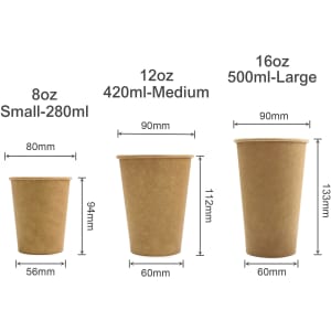 Three brown kraft paper cups in various sizes: 8oz, 12oz, and 16oz. Each cup has a plain design and no visible logos.
