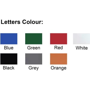 A colour palette featuring blue, green, red, white, black, grey, and orange swatches for letters.