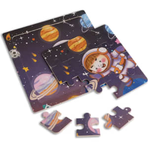 A colourful wooden jigsaw puzzle featuring a space theme with planets and an astronaut, with several loose pieces displayed.