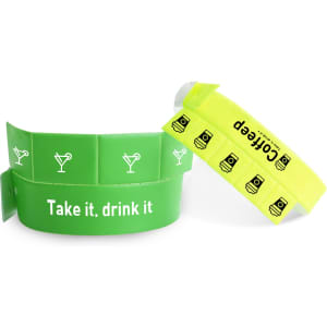 Green PVC wristbands with tabbed closures, featuring a logo and icons, designed for events and exhibitions.