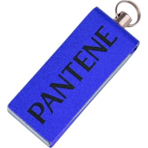 A blue mini flash drive with a silver keyring and a logo.