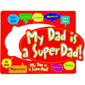 A custom-shaped fridge magnet in red, featuring various playful messages about being a "Super Dad." It has a logo.