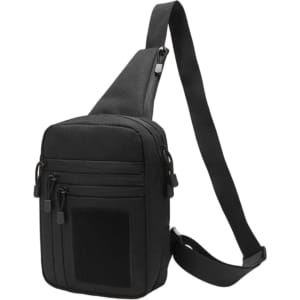 A black tactical sling bag with multiple compartments and an adjustable strap, featuring a logo.