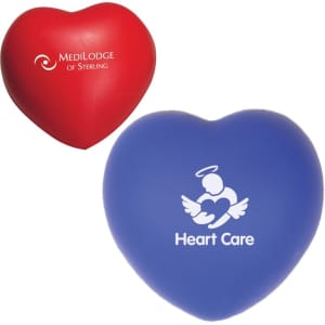 A red and blue heart-shaped stress reliever, featuring a logo and design on each side.