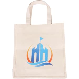 A cream-coloured cotton tote bag featuring a blue and orange logo. It has two sturdy handles for carrying.
