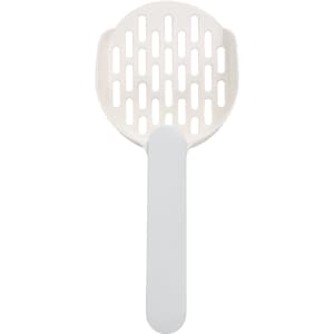 A cat litter scoop in white, featuring a flat, slotted shovel design with a sturdy handle.
