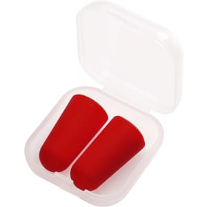 Red ear plugs nestled in a clear, plastic case.