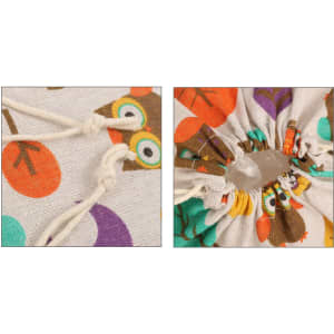 Cotton linen drawstring bags featuring a colourful owl design, with cream drawstrings for closure.
