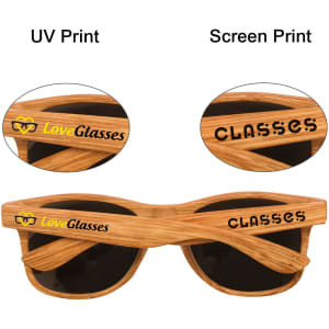 Wooden sunglasses featuring a natural wood finish and black lenses, with branding on the sides.