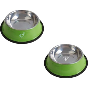 A set of two green pet feeding bowls with stainless steel interiors and a rubber base, featuring a logo on each.
