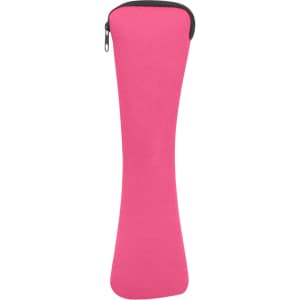 A pink zippered case designed to hold utensils, featuring a sleek and streamlined shape.