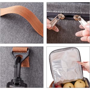 A grey customizable lunch bag with a brown strap, silver zippers, and an insulated interior.