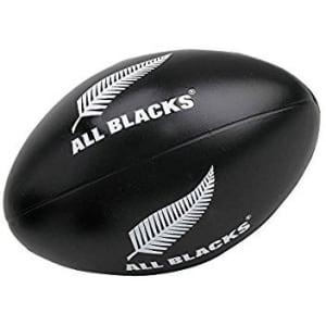 A black stress Australian football featuring a fern logo. The product is soft and rounded, designed for squeezing.