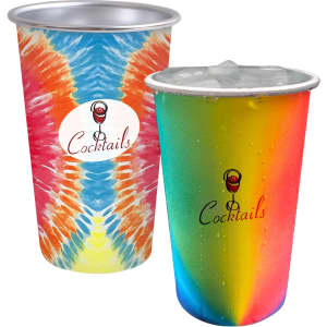A set of two aluminium cups featuring vibrant tie-dye designs in rainbow colours, each with a logo.