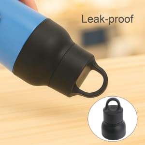A drink bottle in blue and black with a leak-proof lid and a handle for easy carrying. Features a branding logo.