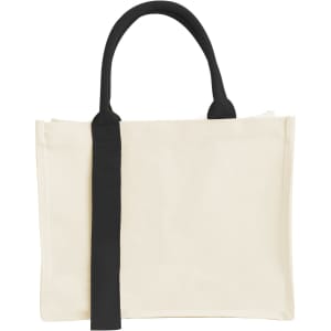 A cream horizontal canvas tote bag with black handles and a logo on one side.