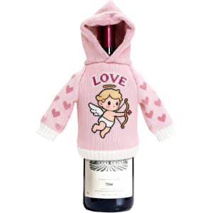A drink bottle wrapped in a pink knitted cover with a hood, featuring a cute design and hearts. It has a logo.