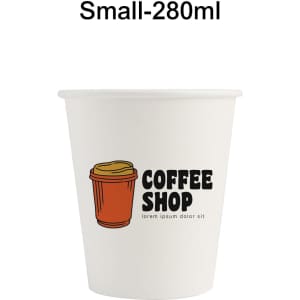 A white compostable paper cup with a lid and an illustration of a coffee cup, featuring a logo.