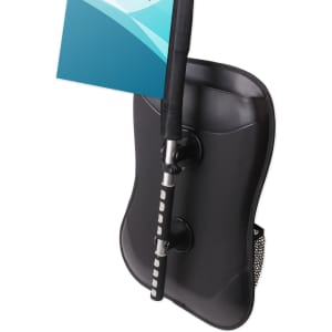 A black rectangular backpack with a flagpole attachment, featuring a mesh side pocket.